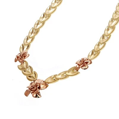 Collar de eslabones de hoja de oro amarillo y rosa de 14k con flores 17" 6,3 mm 19,5 gramos Foto 1 de 4
