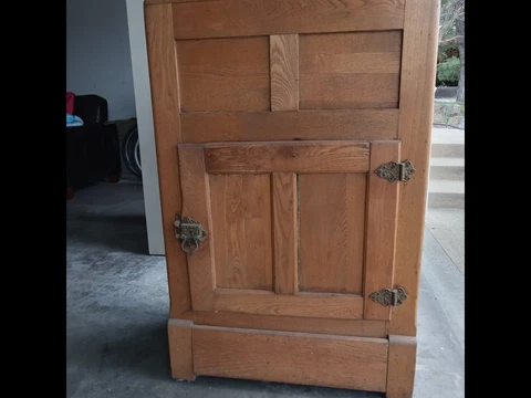 Antique Oak Ice Box with Top Loading Ice Basin and Shaker Bottom Storage Cabinet Cover