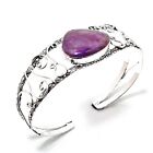 925 Sterling Silver Purple Amethyst Gemstone Cuff Bracelet Jewelry Size Adjust.