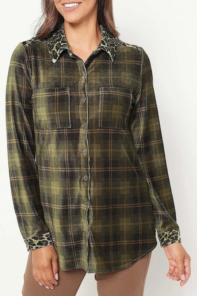 Camisa túnica Susan Graver fin de semana de pana tejida a cuadros verde cazador Foto 1 de 1