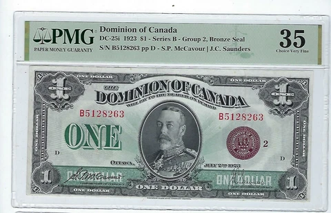 CANADA 1 Dollar 1923, DC-25i, McCavour - Saunders, Bronze Seal PMG 35 Bright Cover