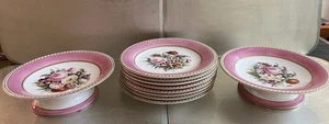 Antique 19th Century Porcelain Botanical Pink/Gold Compotes / Eight Plates Rare - Picture 1 of 12