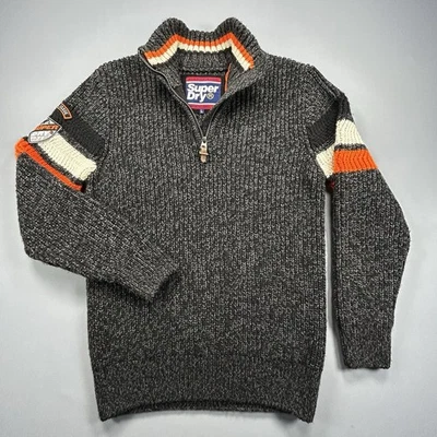 Superdry Chunky Knit Jumper Men's 2XL 1/4 Zip Grey Orange Sweater Pullover - Image 1 of 4