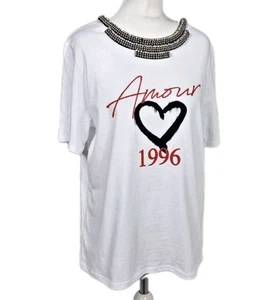 NEW RIVER ISLAND T-Shirt heart AMOUR Womens Top Size UK 16 jewelled RRP £30 - Picture 1 of 6