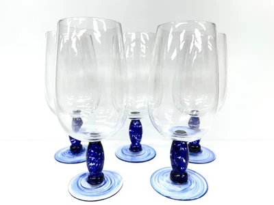 5 Denby Glass Crystal Cobalt Blue Base Water Ice Tea Glasses 8 3/8" - Image 1 of 2
