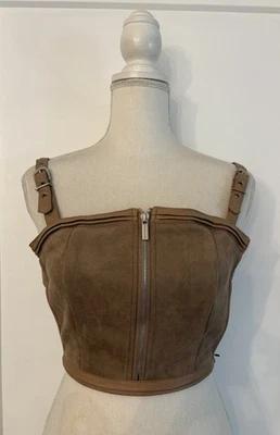 Women’s Maniere de Voir Tan Vegan Suede Strappy Back Corset Backless Top Size 8 - Photo 1/4