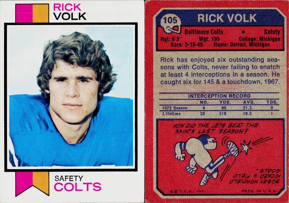 1973 Topps Football Card #105 Rick Volk Baltimore Colts - Image 1 of 1