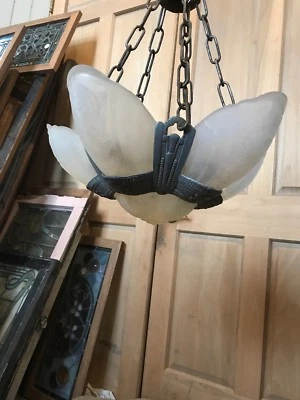 Fla 40 Antique Art Deco White Metal 5 Shade Chandelier 18h 16.5 W plus chain - Image 1 of 4