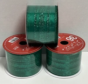 NEW lot of 3 rolls wired edge ribbon 2.5” x 30’ green glitter striped - Picture 1 of 3