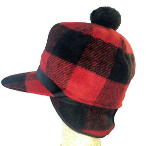 Casquette chapeau rabat d'oreille vintage American Outdoorsman laine plaid bison pom pom trappeur États-Unis