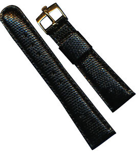 22mm Black Retro Genuine Lizard MB Strap Band Leather Lined & Rolex Gold Buckle