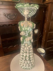 Mexican Talavera Catrina Day of the Dead Folk Art –Green & White Skull Dress 24” - Picture 1 of 8