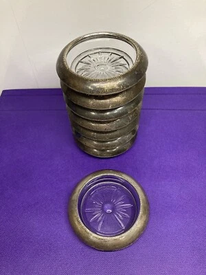 8 posavasos de vidrio Frank M Whiting Co con borde de ley con patrón Starburst de plata 4 Foto 1 de 4