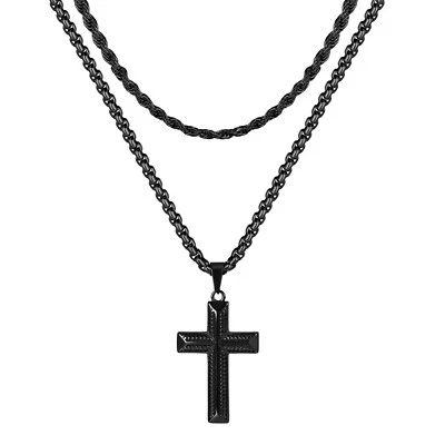 Men's Stainless Steel Faith Christ Cross Crucifix Pendant Necklace Layered Chain - Image 1 of 4