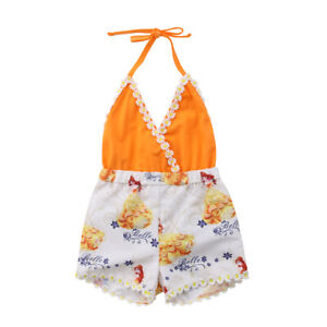 Babies Sleeveless Jumpsuit, Orange V-neck Floral and Princess Print One-piece