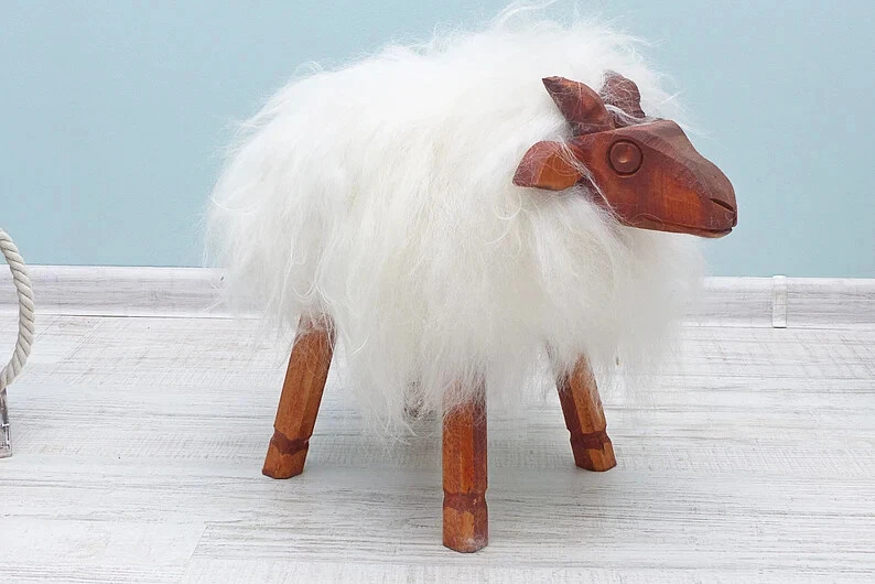 Sheepskin Ottoman.Natural Sheepskin Footstool Christmas Gift.Nursery Room Decor  - Image 1 of 4