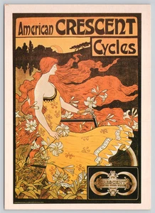 Postal Elegante Estilo Art Nouveau Mujer con Bicicleta American Crescent Cycles - Imagen 1 de 2