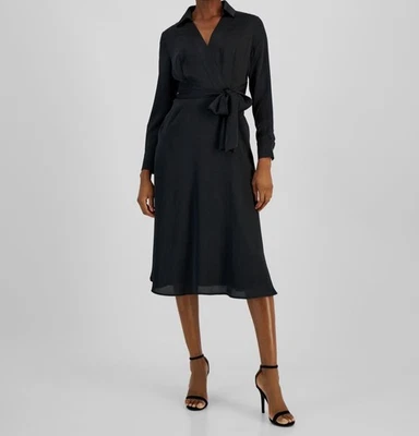 Tahari ASL Women's Black Satin Surplice Long Sleeve Self-Tie Shirt Dress Size 16 - Image 1 of 3