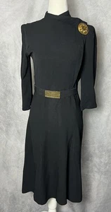Vintage 1940's Black Ribbed Dress w/Copper Brooch & Belt Size S/M - Picture 1 of 6