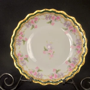 Limoges B&H Plate Hand Painted Pink Purple Flowers w/Green Band & Gold 1892-1912 - Picture 1 of 9
