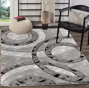 Area Rug Modern 8X10 Grey Black Circles Geometry Soft Hand Carved Contemporary F - Picture 1 of 6