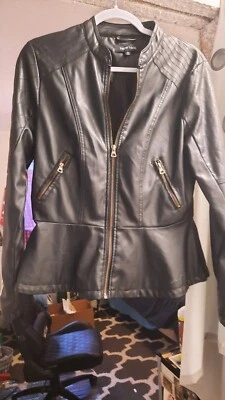 Biker Faux Leather Jacket, Zip Front & Zip Pockets, L, WOMEN'S, With FlareAround - Image 1 of 4