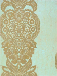 * Damask Metallic Gold on Aqua T89130 by Thibaut Wallpaper - Picture 1 of 1