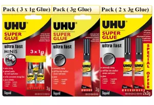 UHU Super Glue 3 x 1g, 3g, 2 x 3g, Ultra Fast Tubes, Liquid Adhesives Quick Bond - Picture 1 of 16