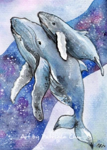 ACEO LE Art Card Print 2.5"x3.5" " Whales in Star River " Whale Art by Patricia - Bild 1 von 1