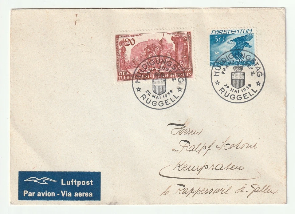 1939 GERMAN AIR MAIL FDC TO RARE POSTMARK HULD/RUGGELL HONOR PRINCE FJ II-ZURICH - Image 1 of 2