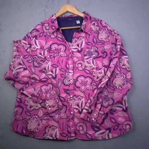 Izod ButtonUp Shirt Womens Sz 2X Pearl Snap Pink Navy Floral Boho Western Whimsy - Picture 1 of 9
