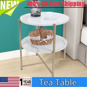 2-Tier Wood Side End Table Small Round Tea Coffee Accent Table for Living Room