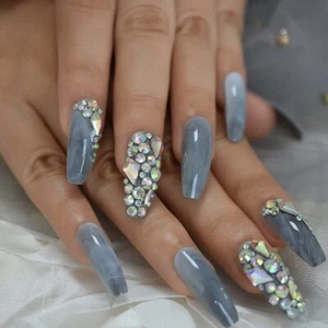 24pcs Fake False Nail Tip Girl Marble Short long glossy natural grey glue uk - Picture 1 of 9