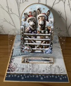 Handmade 7"x7" Actate Easel Donkeys Themed Christmas Card - Treasured Friends - Picture 1 of 6