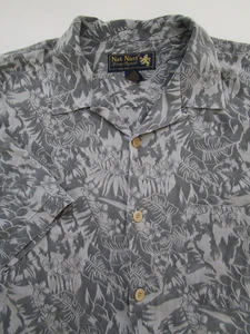 Mens Large Nat Nast 100% SIlk Camp Shirt hawaiian gray floral button *Flaw - Picture 1 of 7