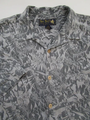 Mens Large Nat Nast 100% SIlk Camp Shirt hawaiian gray floral button *Flaw - Image 1 of 4
