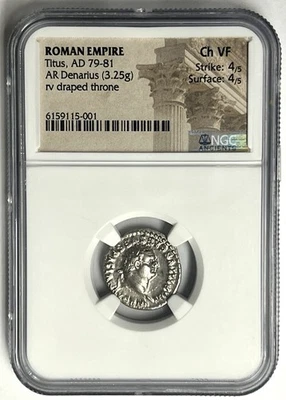 Tito AD 79-81 Denario de Plata NGC CHVF Doce César’s  Foto 1 de 4