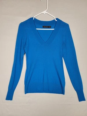 Свитер женский ограниченный выпуск XS шерстяная смесь мериноса синий легкий с v-образным вырезом опрятный - Изображение 1 из 4