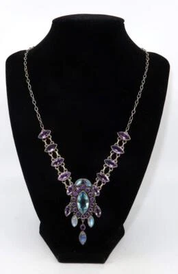 NICKY BUTLER India 925 Silver Necklace Amethyst Aquamarine Moonstone 20" - Image 1 of 4
