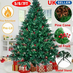 5/6/7FT Artificial Christmas Tree Bushy Metal Stand with LED Lights Xmas Decor - Picture 1 of 88