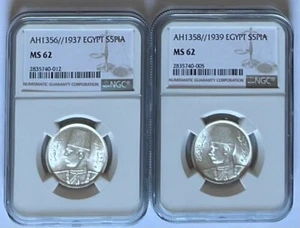 Egypt 1937 & 1939 King Farouk Silver 5 Piastres Pair NGC MS 62 Full Luster - Picture 1 of 2