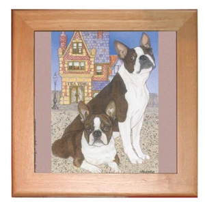 Boston Terrier Dog Kitchen Ceramic Trivet Framed in Pine 8" x 8" - Picture 1 of 1