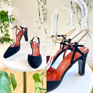 Vintage 1970s Heels 70s CHARLES JOURDAN Black Suede Disco Shoes Gold Chain Strap - Picture 1 of 12