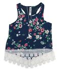 Knit Works Navy Floral Tank Top Lace w/ Necklace Shirt Girls S,M,L