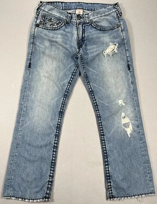 True Religion Ricky Super T Jeans Mens 33 Made USA Distressed Straight Blue - Image 1 of 4