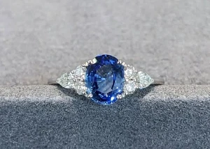 2.10 Ct Oval Cut Blue Sapphire Engagement Ring 92.5 Silver Gold Plated  - Picture 1 of 5