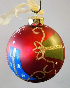 Vintage Large 3.5" Presents & Snowflake Red Ball Hand-Painted Christmas Ornament - Picture 1 of 2