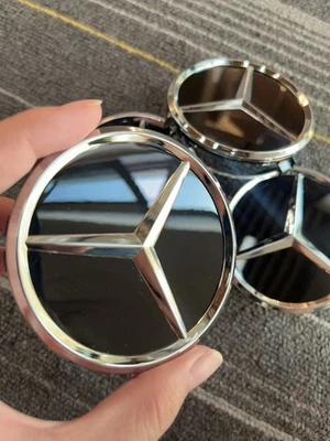 Set of 4 Mercedes Benz Center Caps Glossy Black 2.95Inch/75mm Fits Most Models - Image 1 of 4