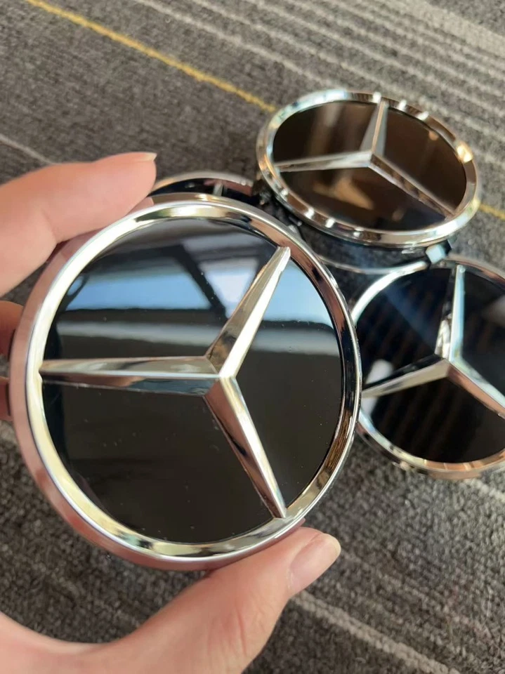 Set of 4 Mercedes Benz Center Caps Glossy Black 2.95Inch/75mm Fits Most Models - Image 1 of 4
