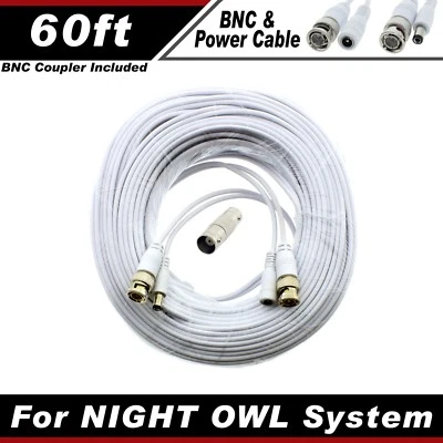 PREMIUM 60Ft BNC EXTENSION CABLES FOR NIGHT OWL CAM-HDA10W-BU, B-10LHDA-841-1080 - Image 1 of 4